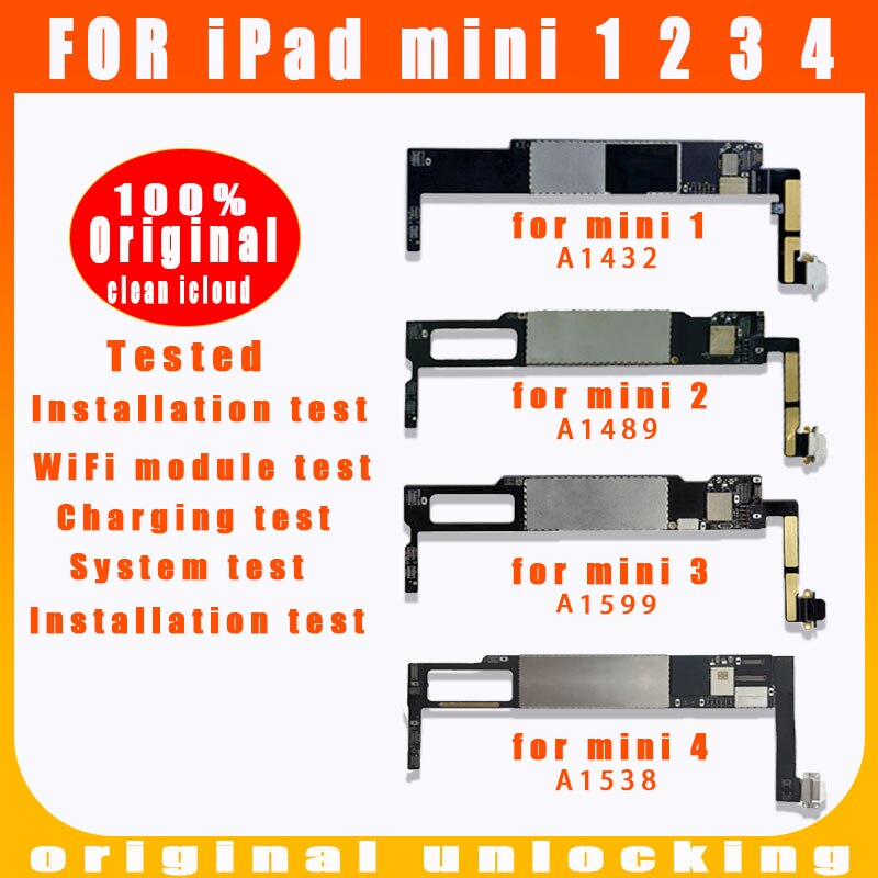 Carte mÃ¨re originale dÃ©bloquÃ©e pour ipad MINI 1 2 3 4, A1432 A1489 A1599 A1538 A1455 A1490, avec iCloud propre et Wifi