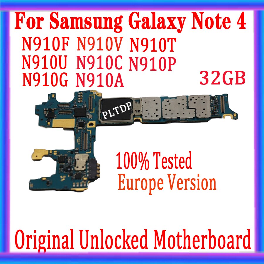 Carte mÃ¨re 32 go dÃ©bloquÃ©e pour Samsung Galaxy Note 4, N910F, circuit imprimÃ© principal avec puces, Version europÃ©enne, essai complet